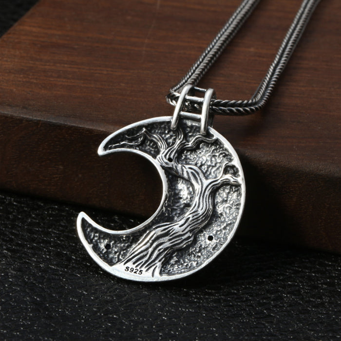 Men's Women‘s Real Solid 925 Sterling Silver Pendants CZ Inlay Moon Tree Jewelry