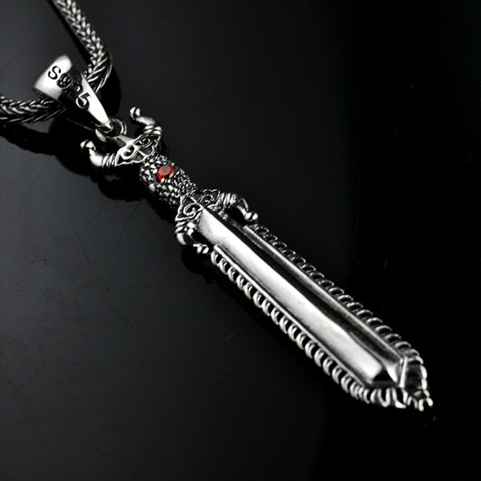 Men's Women's Real Solid 925 Sterling Silver Pendants Garnet Inlay Sword Jewelry