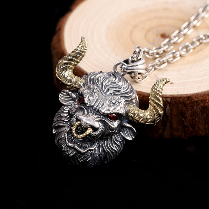 Men's Real Solid 925 Sterling Silver Pendants Animal Bull Demon King CZ Inlay Jewelry