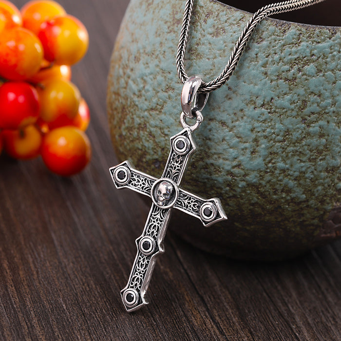 Real Solid 999 Sterling Pure Silver CZ Inlay Pendants Cross Skull Pattern Fashion Jewelry