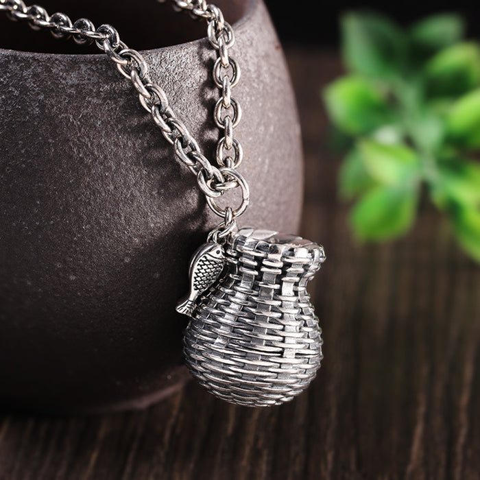 Real Solid 925 Sterling Silver Pendants Braided Bamboo Basket Fish Jewelry