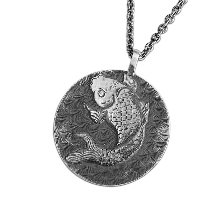 Real Solid 999 Sterling Silver Pendants Carp Fish Wave Two Hands Prayer Round Jewelry