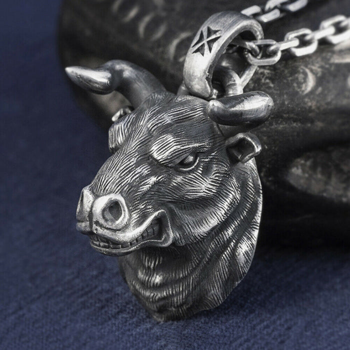 Real Solid 999 Sterling Silver Pendants Bull Head Animal Cross Jewelry