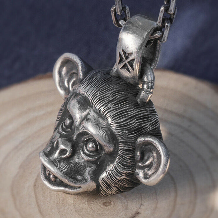 Real Solid 999 Sterling Silver Pendants Monkey Head Animal Fashion Jewelry