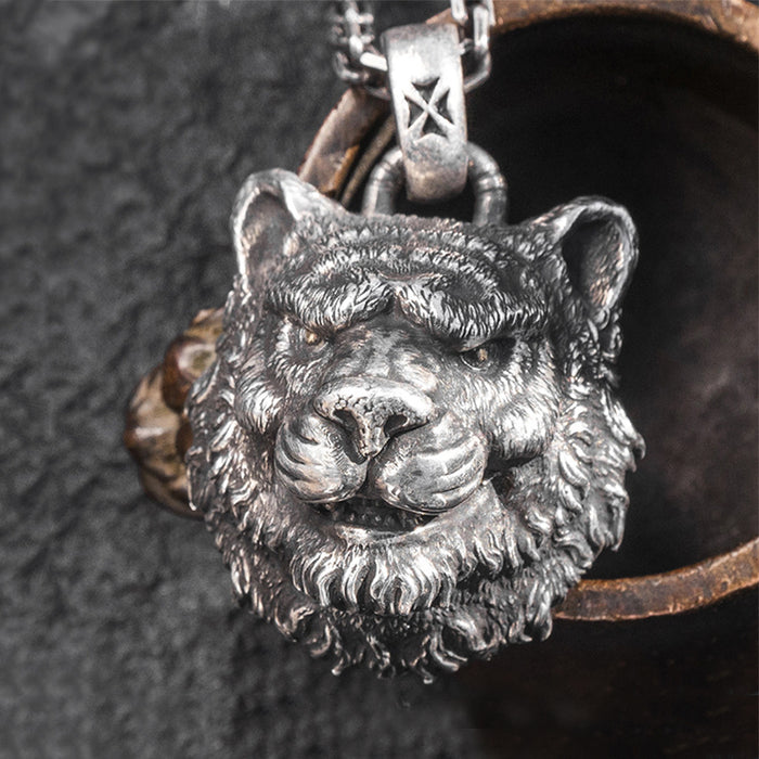 Real Solid 999 Sterling Silver Pendants Tiger King Animal Head Jewelry