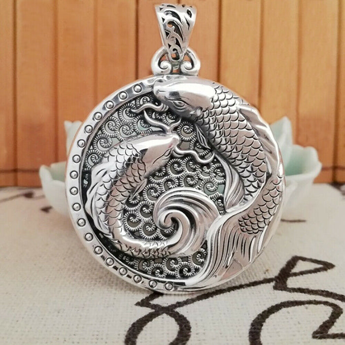 Real Solid 999 Sterling Pure Silver Pendant Animal Koi Fish Pierced Lucky Jewelry