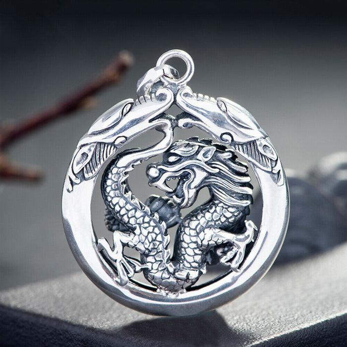 Real Solid 999 Sterling Silver Pendants Jewelry Animal Zodiac Dragon Hollow Round Luck Couples Jewelry