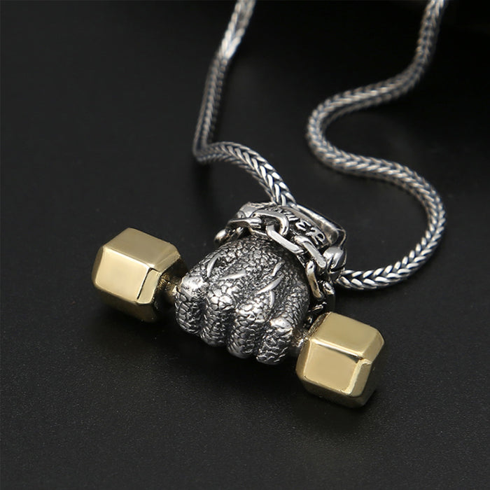 Real Solid 925 Sterling Silver Pendants Fist Dumbbell Sports Hand Fashion Jewelry