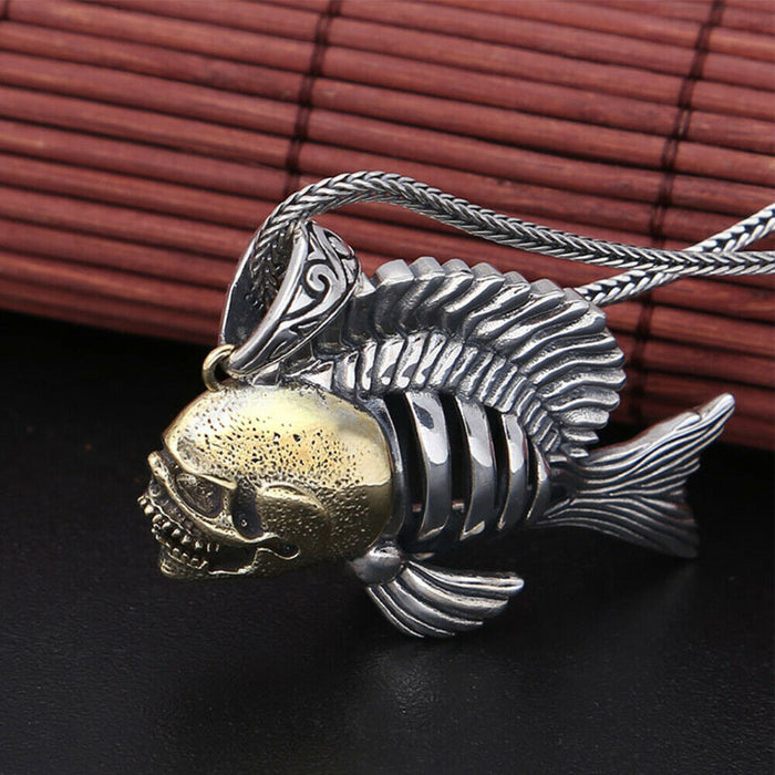 Real Solid 925 Sterling Silver Pendants Piranha Skull Hollow Animals Fish Fashion Jewelry