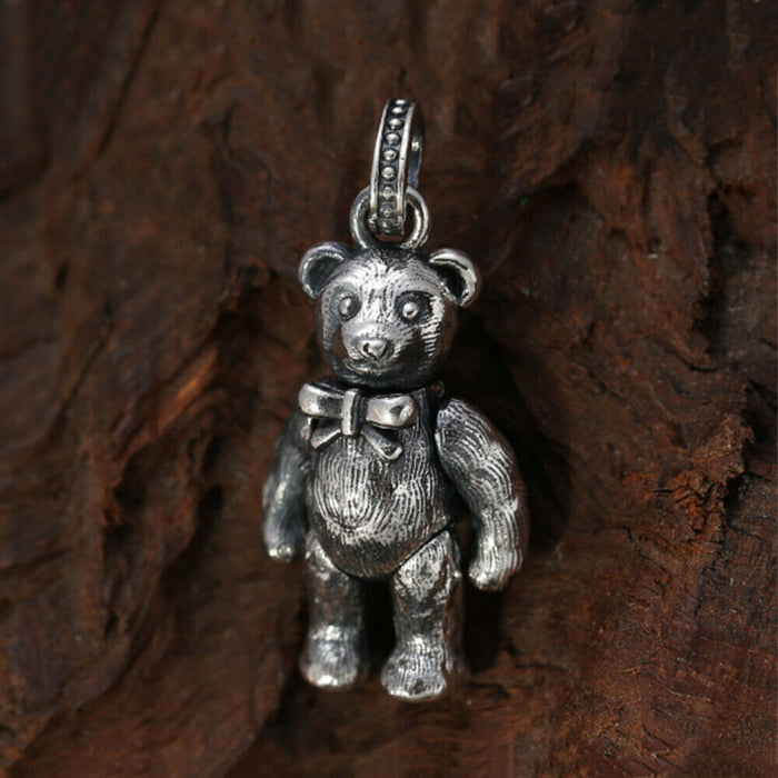 Real Solid 925 Sterling Silver Pendants Movable Bear Animal Bowknot Fashion Jewelry