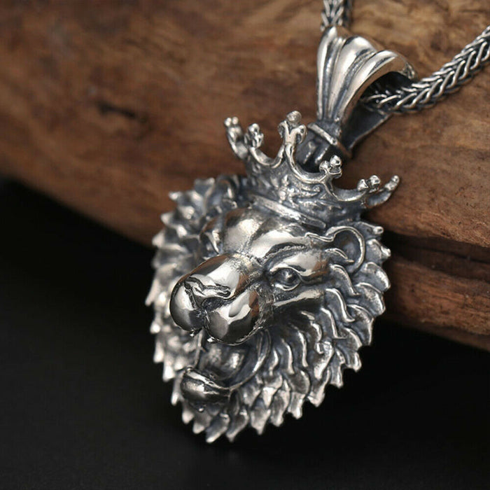 Real Solid 925 Sterling Silver Pendants Lion King Animal Crown Fashion Jewelry