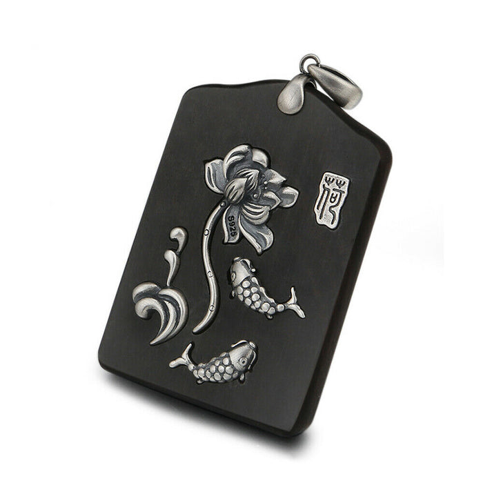 Real Solid 925 Sterling Silver Pendants Ebony Lotus Carp Fish Animal Fashion Jewelry