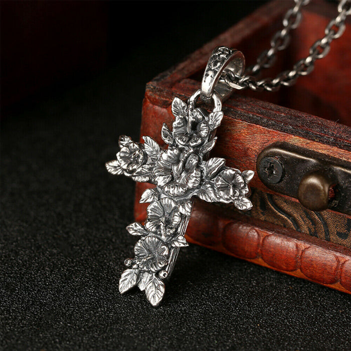 Real Solid 925 Sterling Silver Pendants Cross Flower Leaf  Men Fashion Jewelry