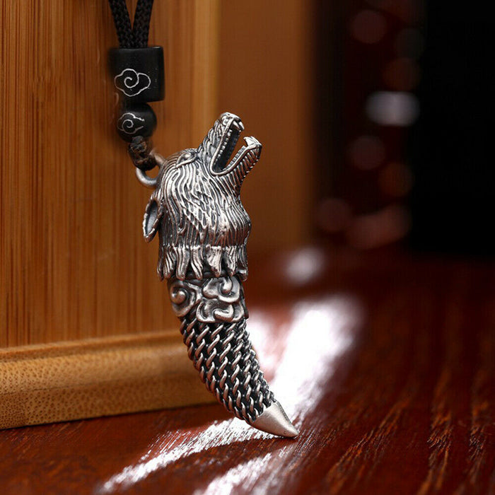 Real 999 Sterling Silver Pendants Wolf Dragon Tooth Ivory Braided Amulet Men Women Fashion Jewelry