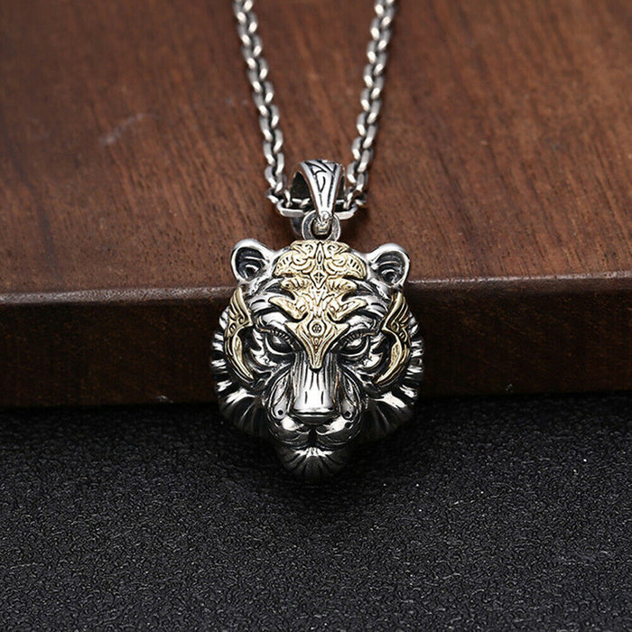 Real Solid 925 Sterling Silver Pendants Animals Tiger Head Pierced Amulet  Fashion Jewelry