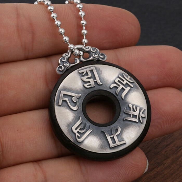 Real Solid 990 Fine Silver Pendants Ebony Om Mani Padme Hum Circle Protection Fashion Jewelry