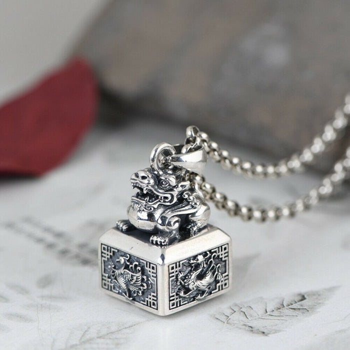 Real Solid 925 Sterling Silver Pendants Seal Kylin Mythical Beast Wealth Men Fashion Jewelry