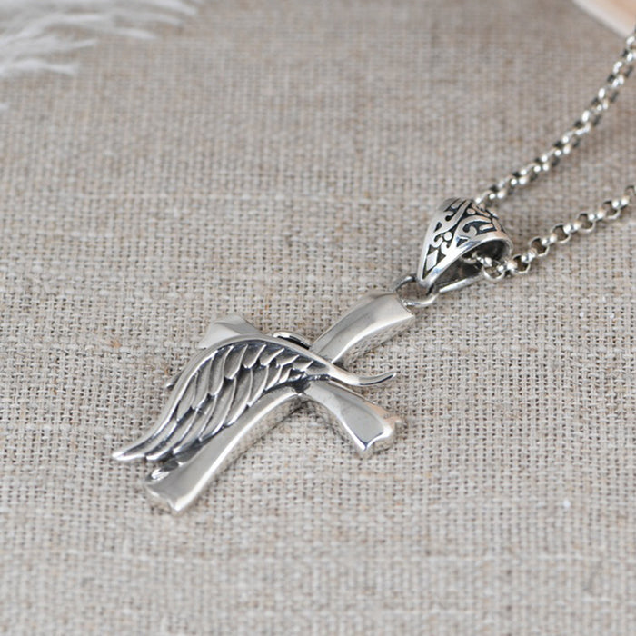 Real Solid 925 Sterling Silver Pendants Cross Feather Amulet Men Women Fashion Jewelry
