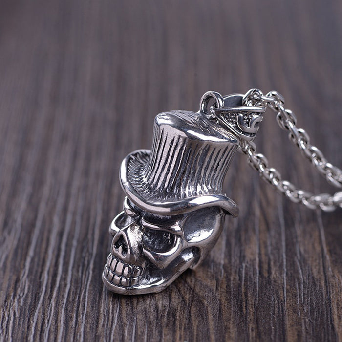 Real Solid 925 Sterling Silver Pendants Cowboy Hat Skull Men HipHop Jewelry