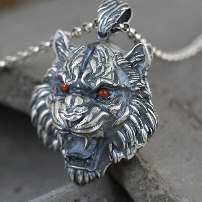 Real Solid 925 Sterling Silver Pendants Charm Agate Tiger's Head Pierced Animals Men Fashion Jewelry