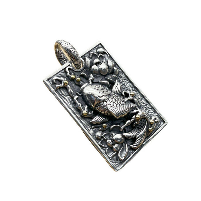 Real Solid 925 Sterling Silver Pendants Lotus Carp Fish Animals Rectangle Fashion Jewelry