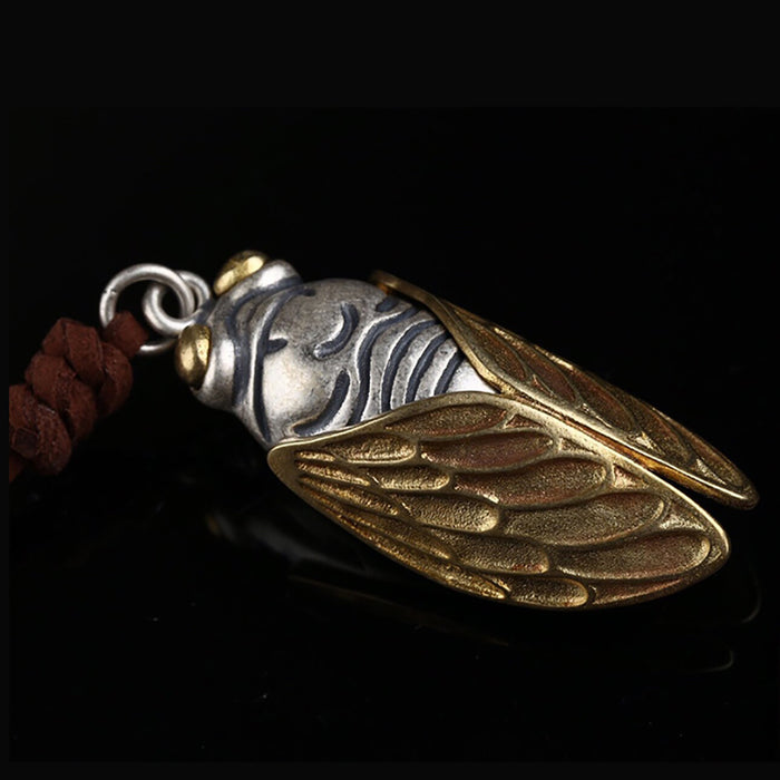 Real 925 Sterling Silver Pendant Jewelry Tinkle Bell Golden Cicada Wings Movable