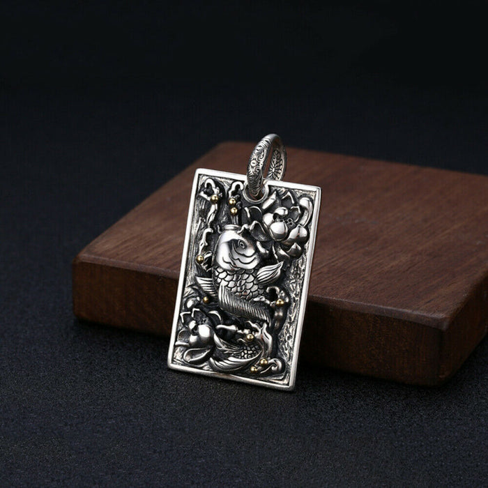 Real 925 Sterling Silver Pendant Jewelry Totem Carp Amulet Rectangle Lucky