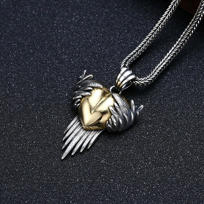 Real 925 Sterling Silver Pendant Feather Angel Wings Heart Fashion Jewelry