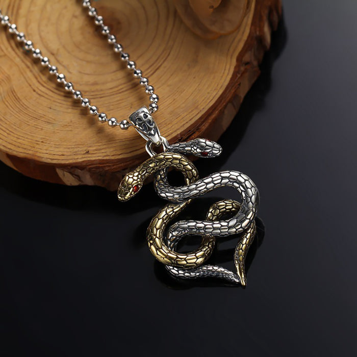 Real Solid 925 Sterling Silver Pendants Animals Double Snakes Viper Zodiac Punk Jewelry