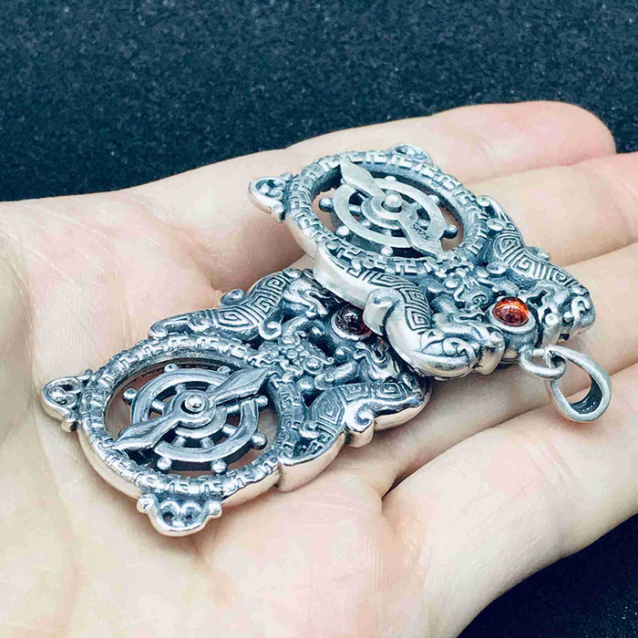 Real Solid 925 Sterling Silver Pendants Animals Two Dragons Show Bead Lucky Jewelry Rotatable