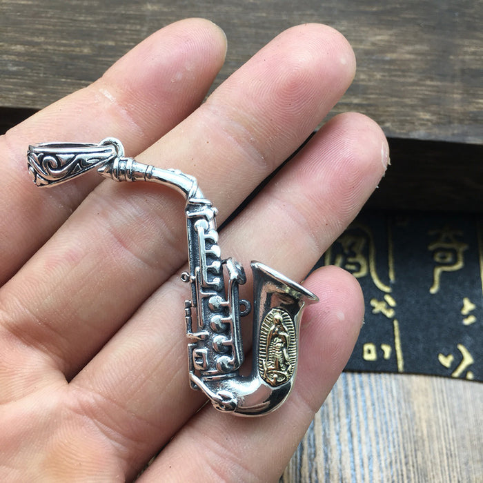 Real Solid 925 Sterling Silver Pendants Saxophone Music Virgin Mary Punk Jewelry
