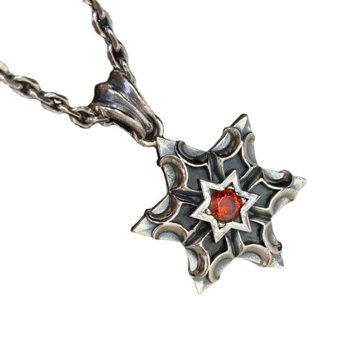 Real Solid 925 Sterling Silver Pendants Ruby Hexagram Snowflake Fashion Punk Jewelry