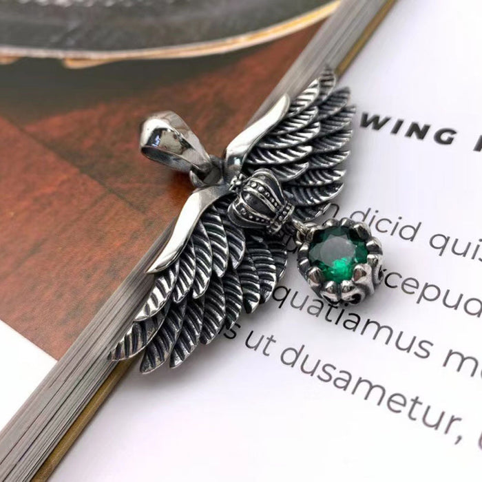 Real Solid 925 Sterling Silver Pendants Diamond Crown Angel Wings Fashion Punk Jewelry