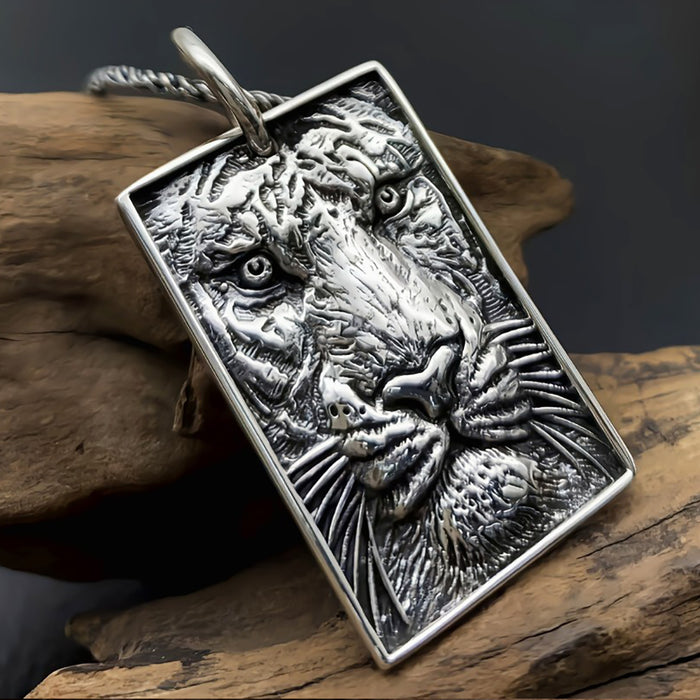 Real Solid 925 Sterling Silver Pendants Animals Tiger Rectangle Gothic Punk Jewelry