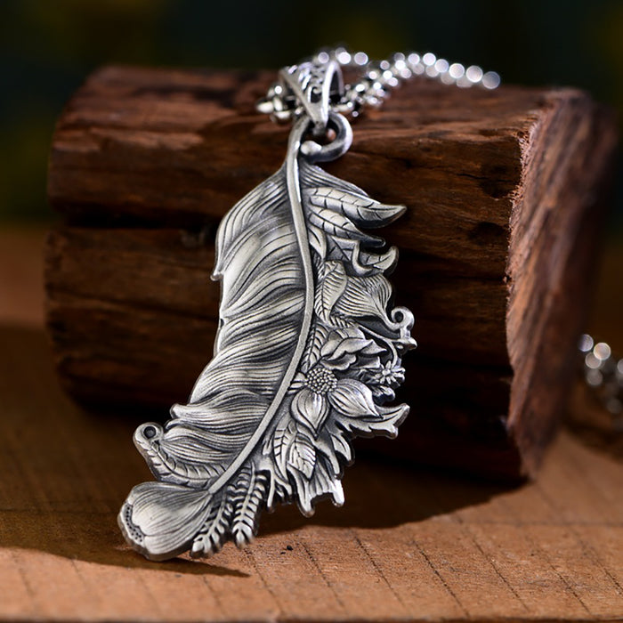Real Solid 999 Fine Silver Pendants Flowers Plants Leaf Feather Retro Fashion Punk Jewelry