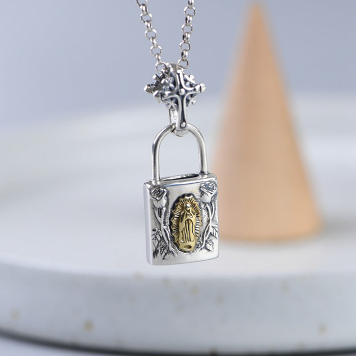 Real Solid 925 Sterling Silver Pendants Lock Prayer Virgin Mary Rose Punk Jewelry