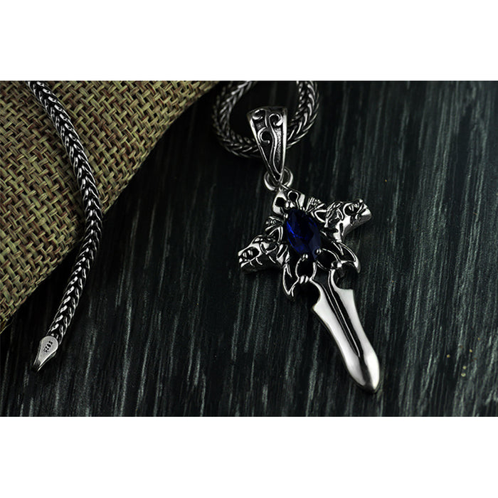 Real Solid 925 Sterling Silver Pendants Gemstone Cross Sword Fashion Punk Jewelry