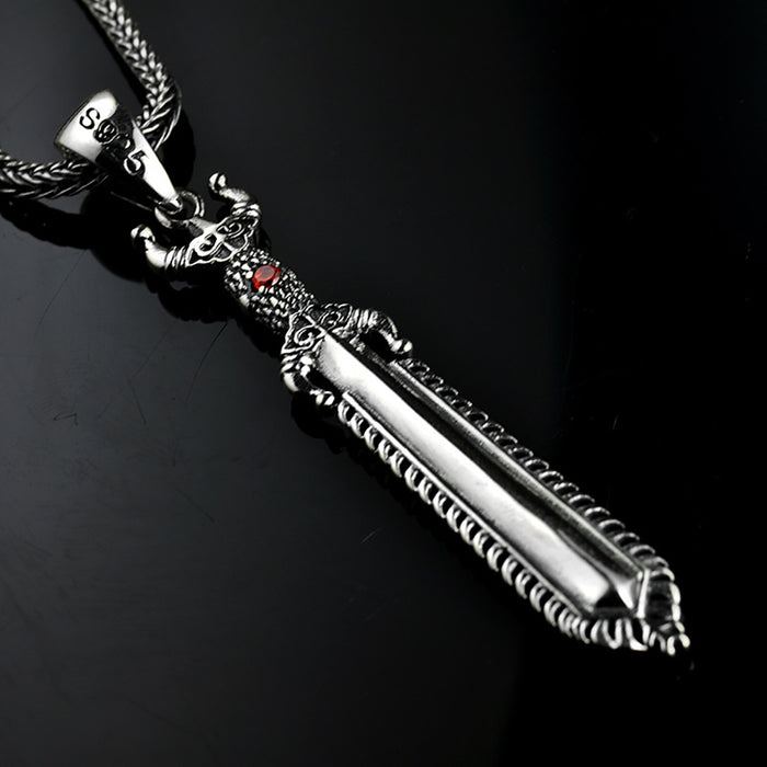 Real Solid 925 Sterling Silver Pendants Red Garnet Sword Fashion Punk Jewelry