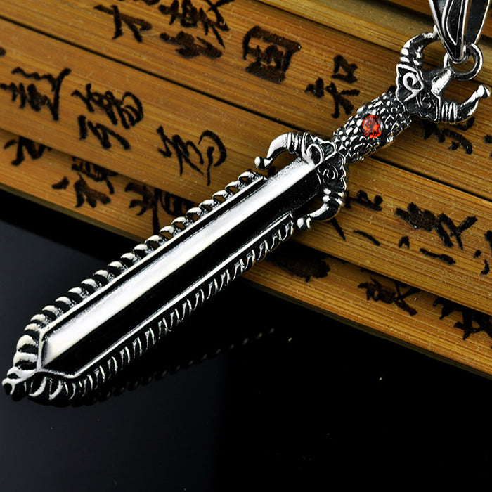 Real Solid 925 Sterling Silver Pendants Red Garnet Sword Fashion Punk Jewelry