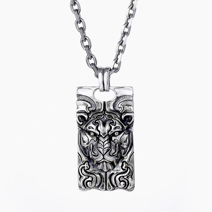 Real Solid 925 Sterling Silver Pendants Animals Tiger Cameo Rectangle Fashion Punk Jewelry