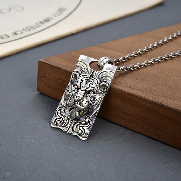 Real Solid 925 Sterling Silver Pendants Animals Tiger Cameo Rectangle Fashion Punk Jewelry