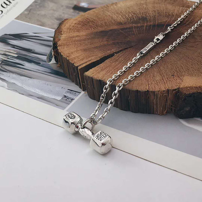Real Solid 925 Sterling Silver Pendants Dumbbell Sports Fashion Punk Jewelry