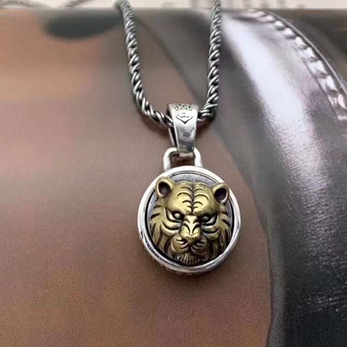 Real Solid 925 Sterling Silver Pendants Animals Tiger Cameo Round Fashion Punk Jewelry