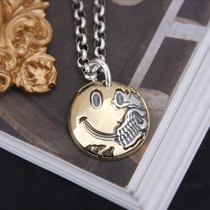 Real Solid 925 Sterling Silver Pendants Smiling Face Skull Hip Hop Punk Jewelry