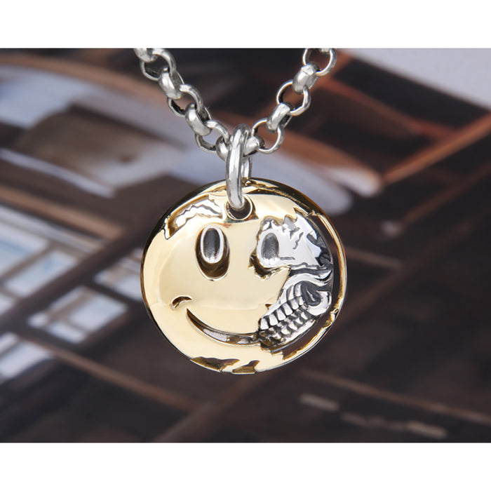 Real Solid 925 Sterling Silver Pendants Smiling Face Skull Hip Hop Punk Jewelry
