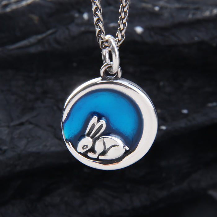 Real Solid 925 Sterling Silver Pendants Epoxy Animals Rabbit Moon Fashion Punk Jewelry