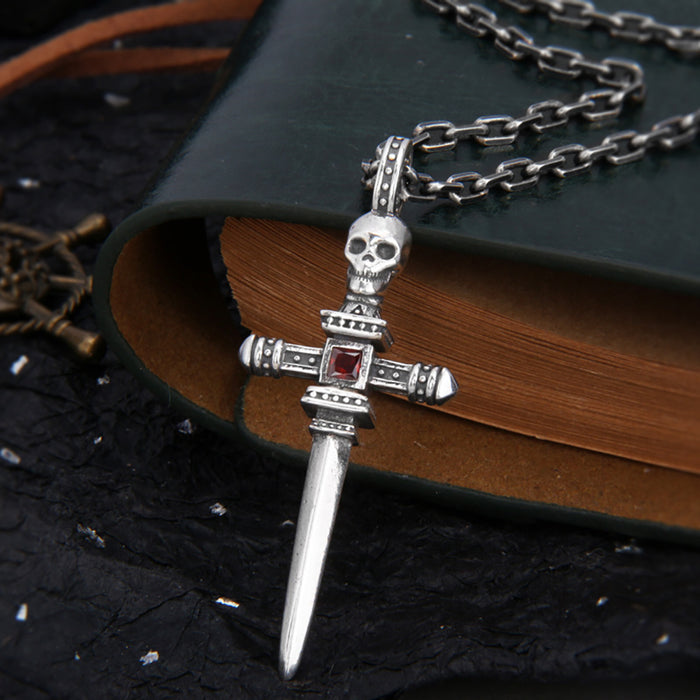 Real Solid 925 Sterling Silver Pendants CZ Inlay Skull Sword Cross Gothic Punk Jewelry