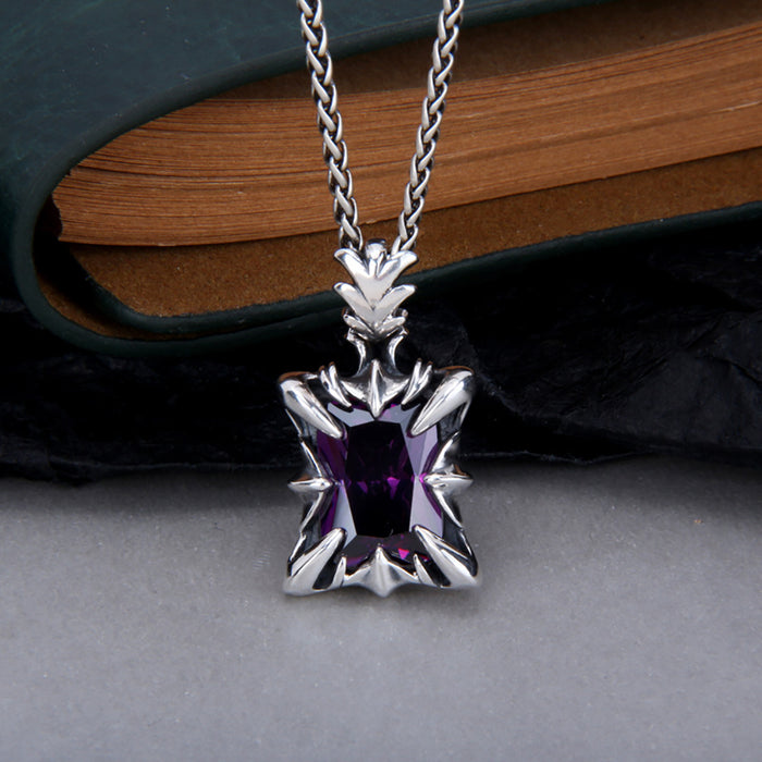 Real Solid 925 Sterling Silver Pendants Purple Cubic Zirconiav Inlay Gothic Punk Jewelry