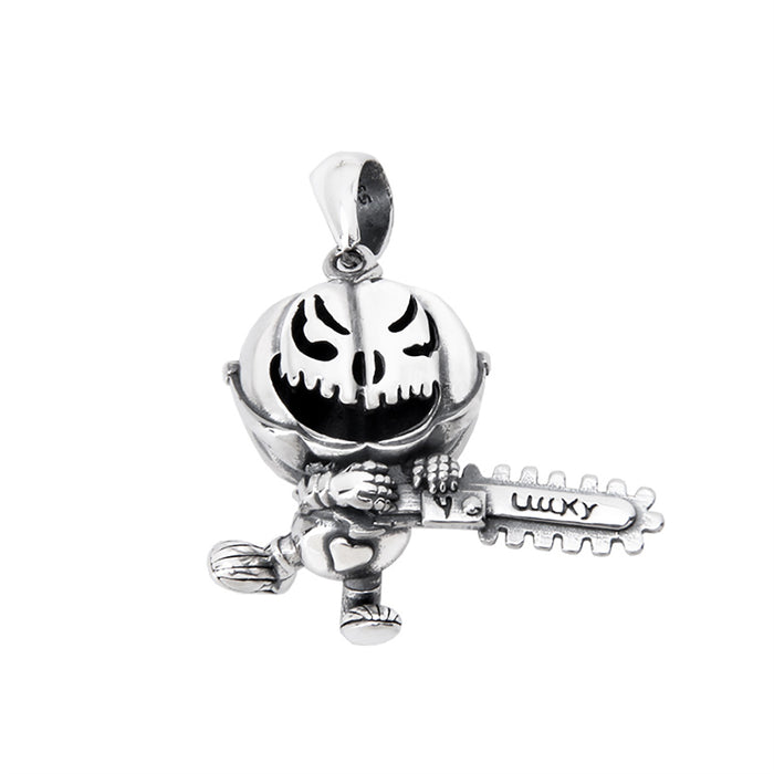 Real Solid 925 Sterling Silver Pendants Halloween Pumpkin Electric Saw Hip Hop Punk Jewelry