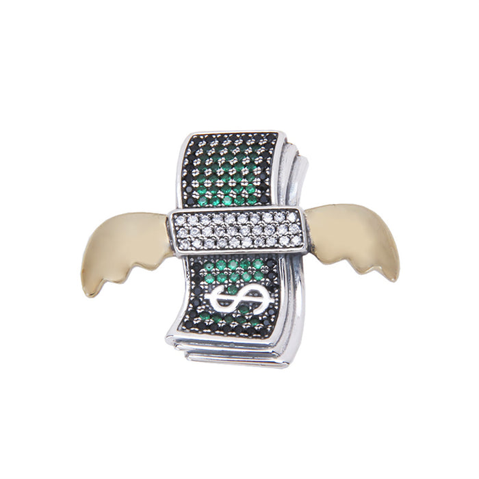 Real Solid 925 Sterling Silver Pendants Fully-Jewelled Studded Dollar Money Wing Punk Jewelry